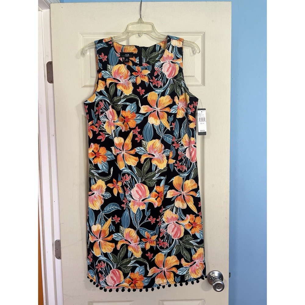 AGB Dress Womens 16 Black Tropical Floral Pom Pom Hem Sleeveless Shift Dress NWT